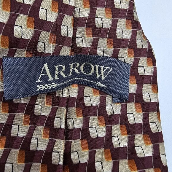 Necktie Mens Vintage Arrow Burgundy Tan Squared Neck Tie 58 X 4, 100% Silk - Picture 4 of 6